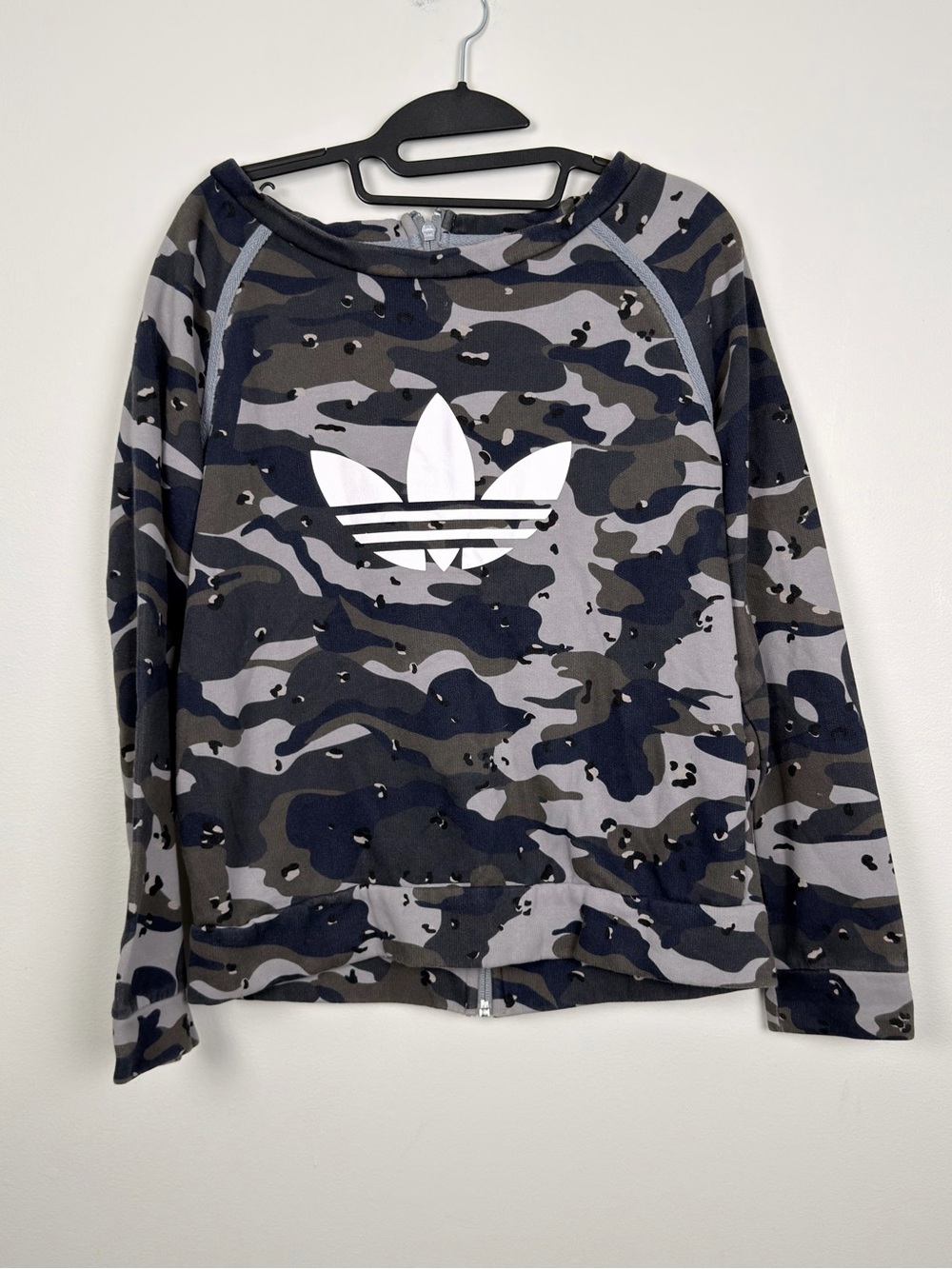 adidas Kids Camo Crewneck Sweatshirt in Gray and Black with White Trefoil